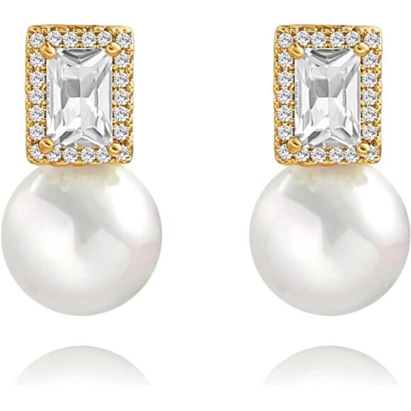 18K Gold-Plated Pearl Drop Earrings – Rectangular Zircon Halo Design, Elegant - Picture 1 of 5